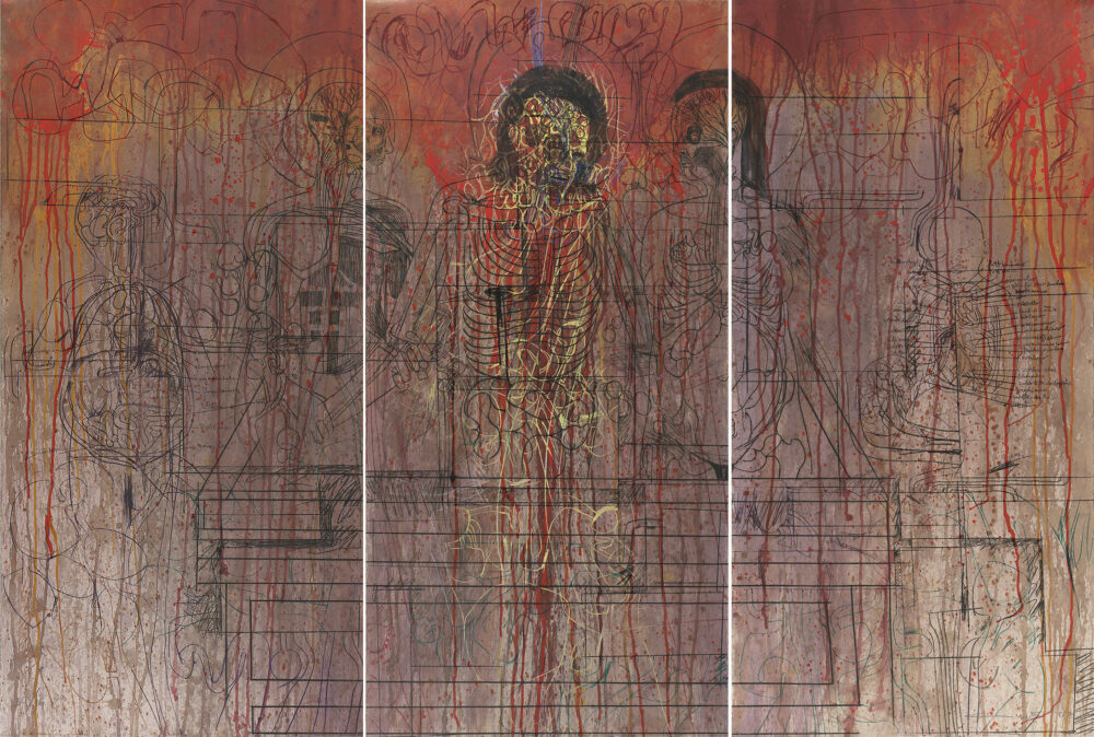 Hermann Nitsch, Grablegung Triptychon Radierung auf überschüttetem Papier, 2007, ca 200 x 300 cm Foto: Galerie Sommer