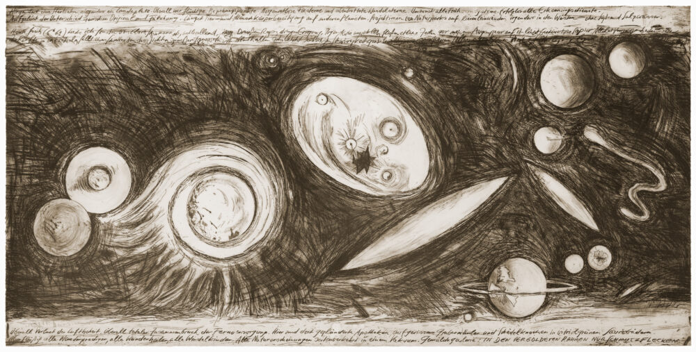 Günter Brus (*1938 in Ardning), “Stillstand der Dynamik”, Radierung, 2003, 97 x 197,5 cm, Foto: Galerie Sommer