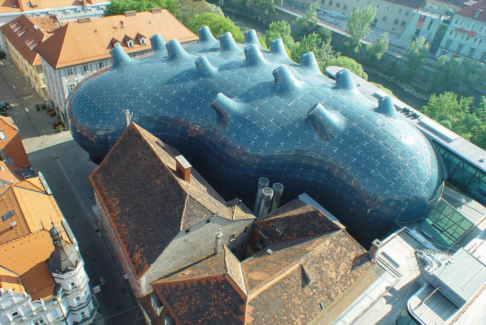 Kunsthaus Graz, Vogelperspektive, Foto: Zepp-Cam. 2004/Graz, Austria